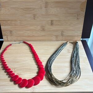 Bundle of 2 Necklaces. Red flat bead and silver/gold multi strand.